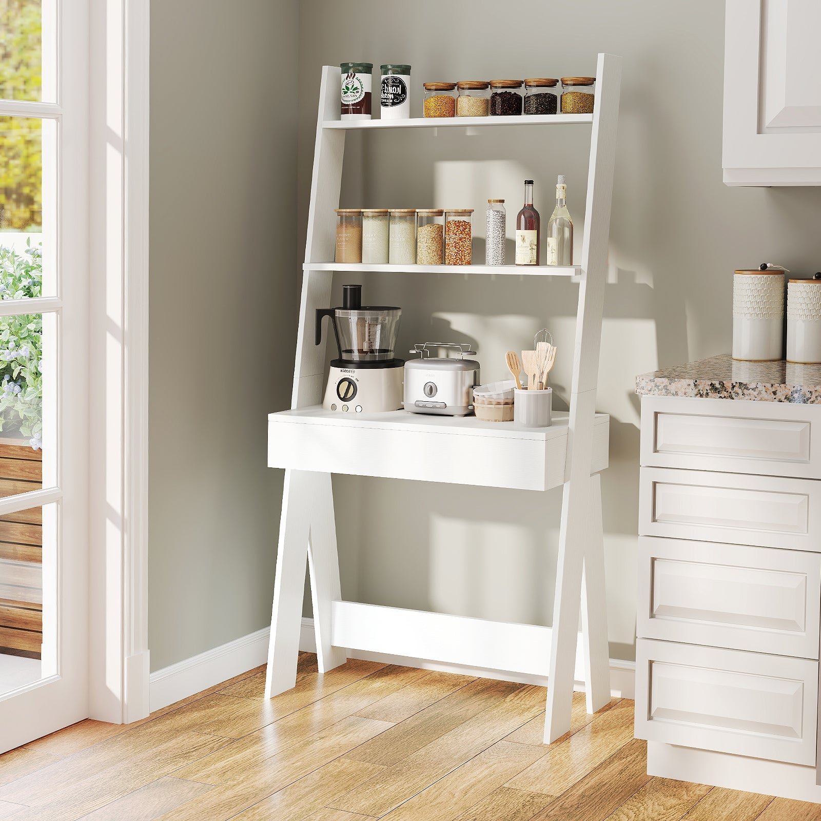 Ladder Shelf Desk with Countertop Drawer and Anti-Toppling Device-Oak