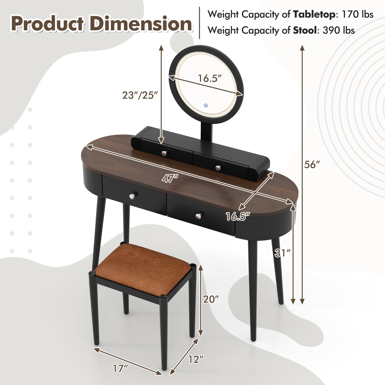 Makeup Vanity Table Set with LED Mirror and 3 Spacious Drawers-Black-Brown