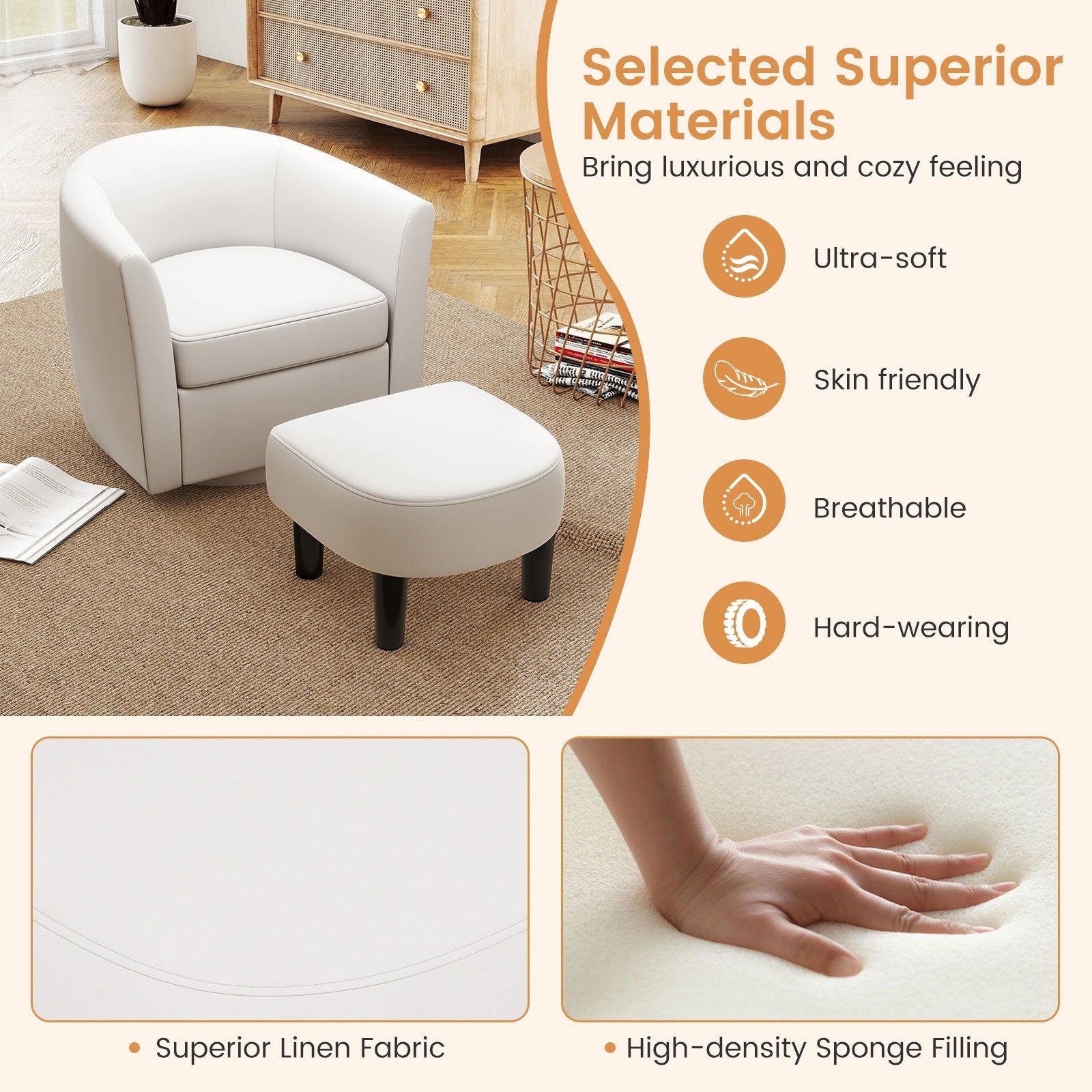 Modern Club Swivel Accent Chair with Ottoman Footrest Curved Backrest-Beige