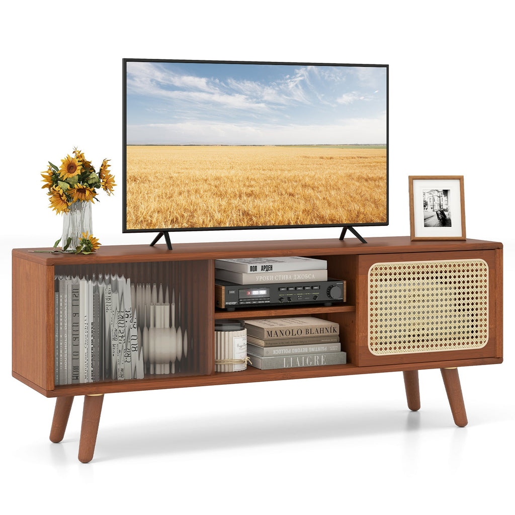 Modern TV Stand with Rattan Glass Sliding Doors-Brown