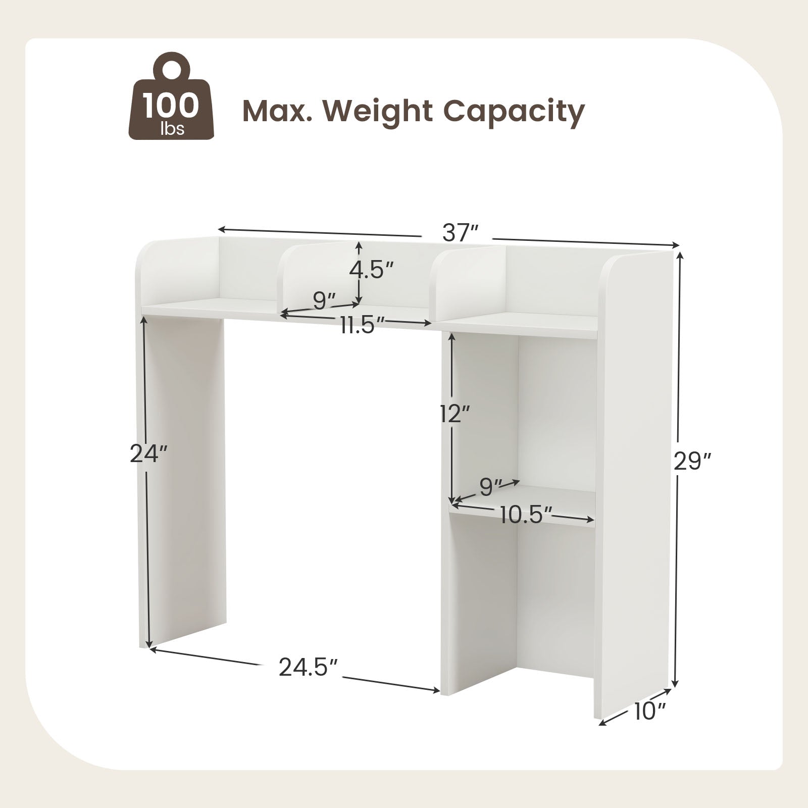 3-Tier Multipurpose Desk Bookshelf with 4 Shelves-White