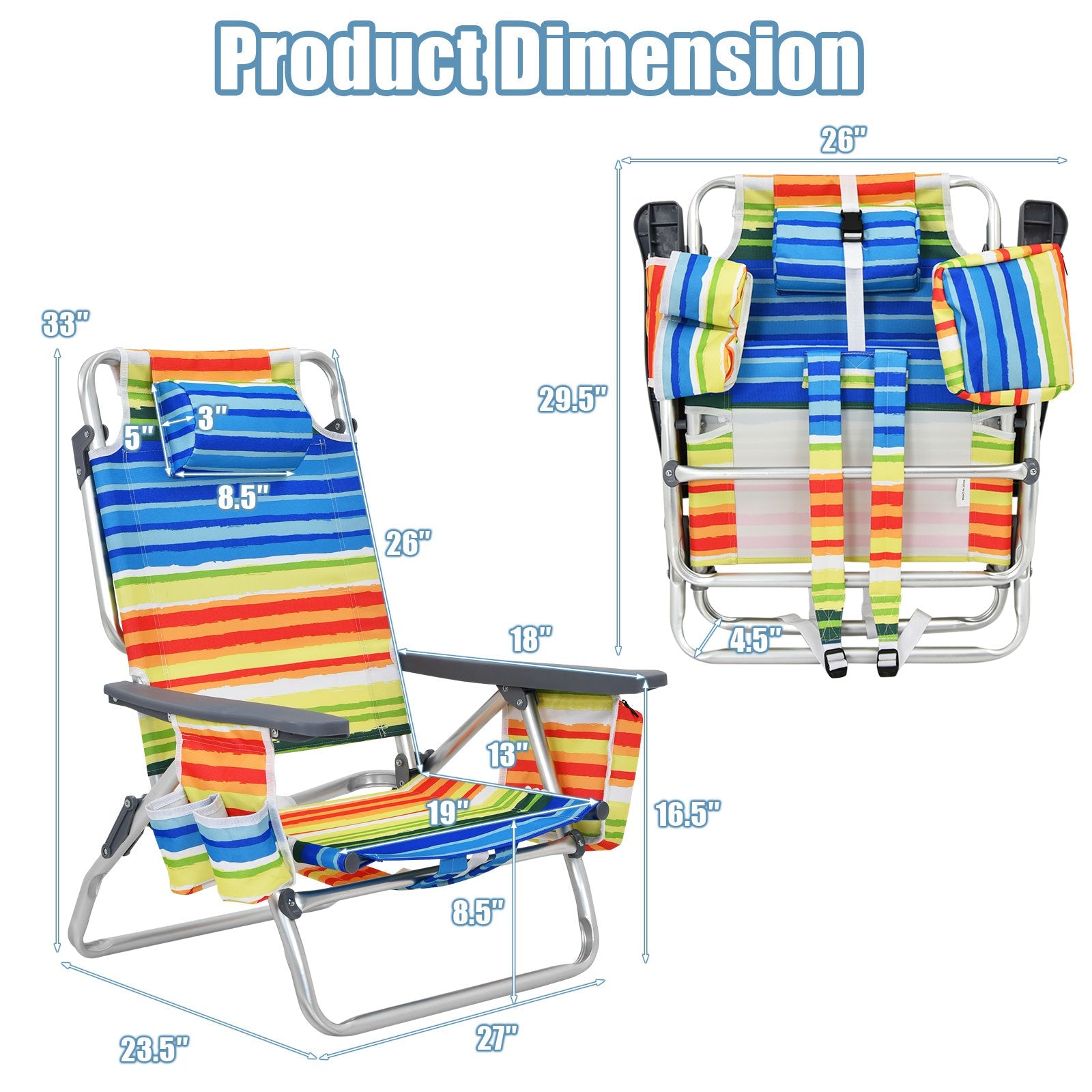 4-Pack 5-Position Outdoor Folding Backpack Beach Reclining Chair with Pillow-Yellow
