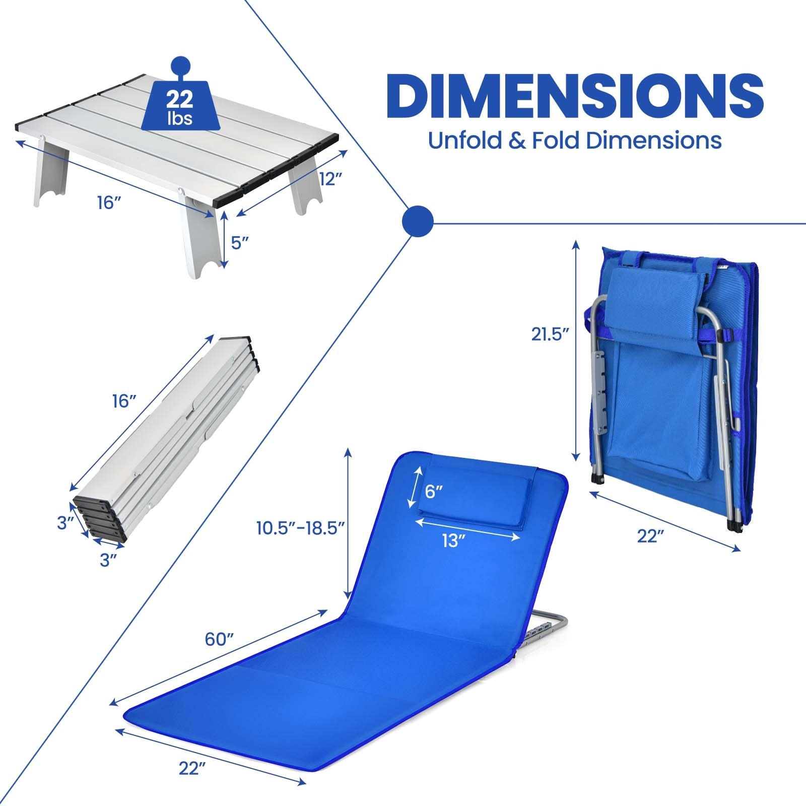 3 Pieces Beach Lounge Chair Mat Set 2 Adjustable Lounge Chairs with Table Stripe-Blue