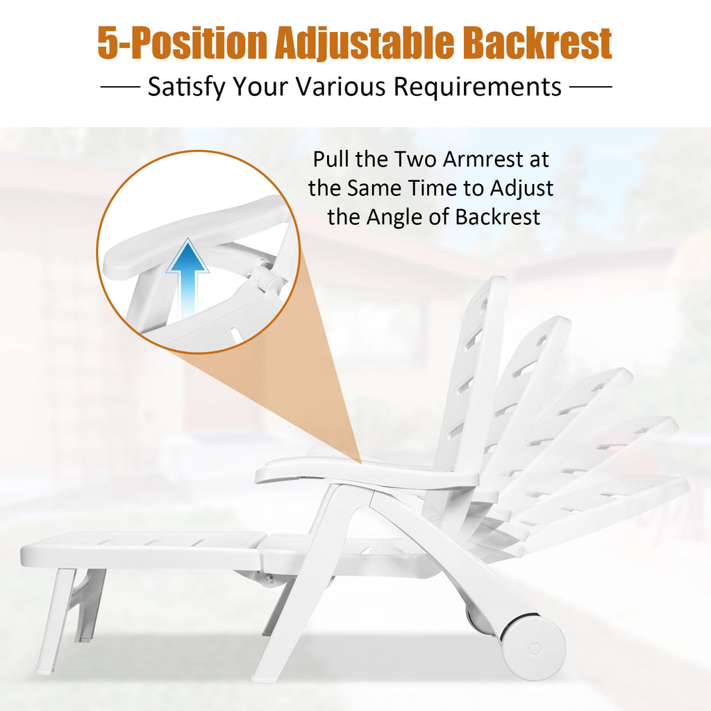 5 Position Adjustable Folding Lounger Chaise Chair on Wheels