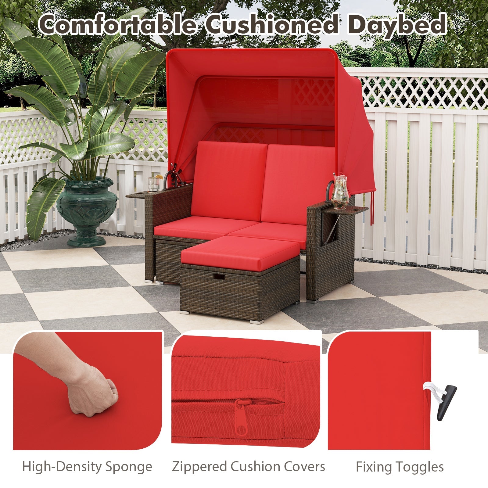Outdoor Patio Rattan Daybed with Retractable Canopy and Adjustable Backrests-Red