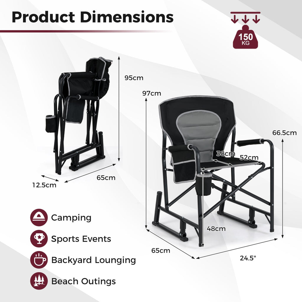 Outdoor Rocker Camping Chair with Dual Springs and Padded Back-Black