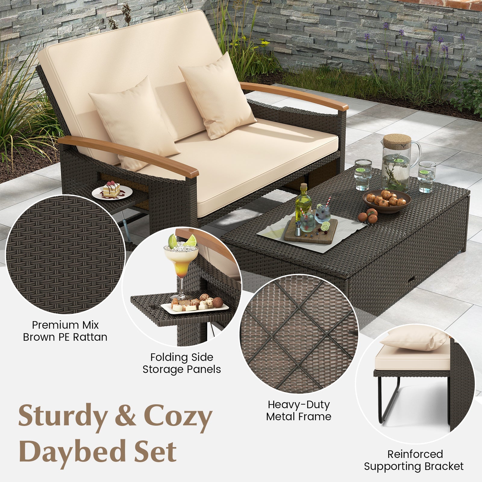 Outdoor Wicker Daybed with Folding Panels and Storage Ottoman-Beige