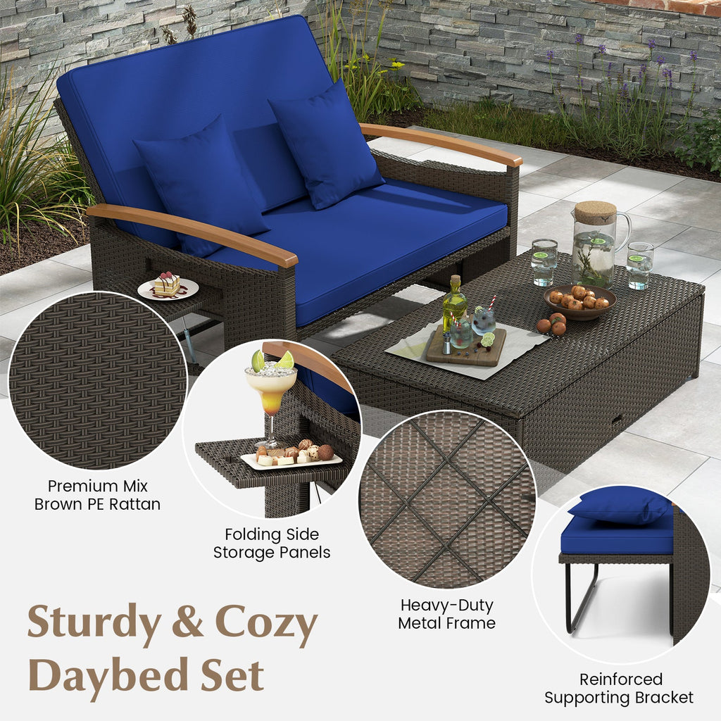 Outdoor Wicker Daybed with Folding Panels and Storage Ottoman-Navy