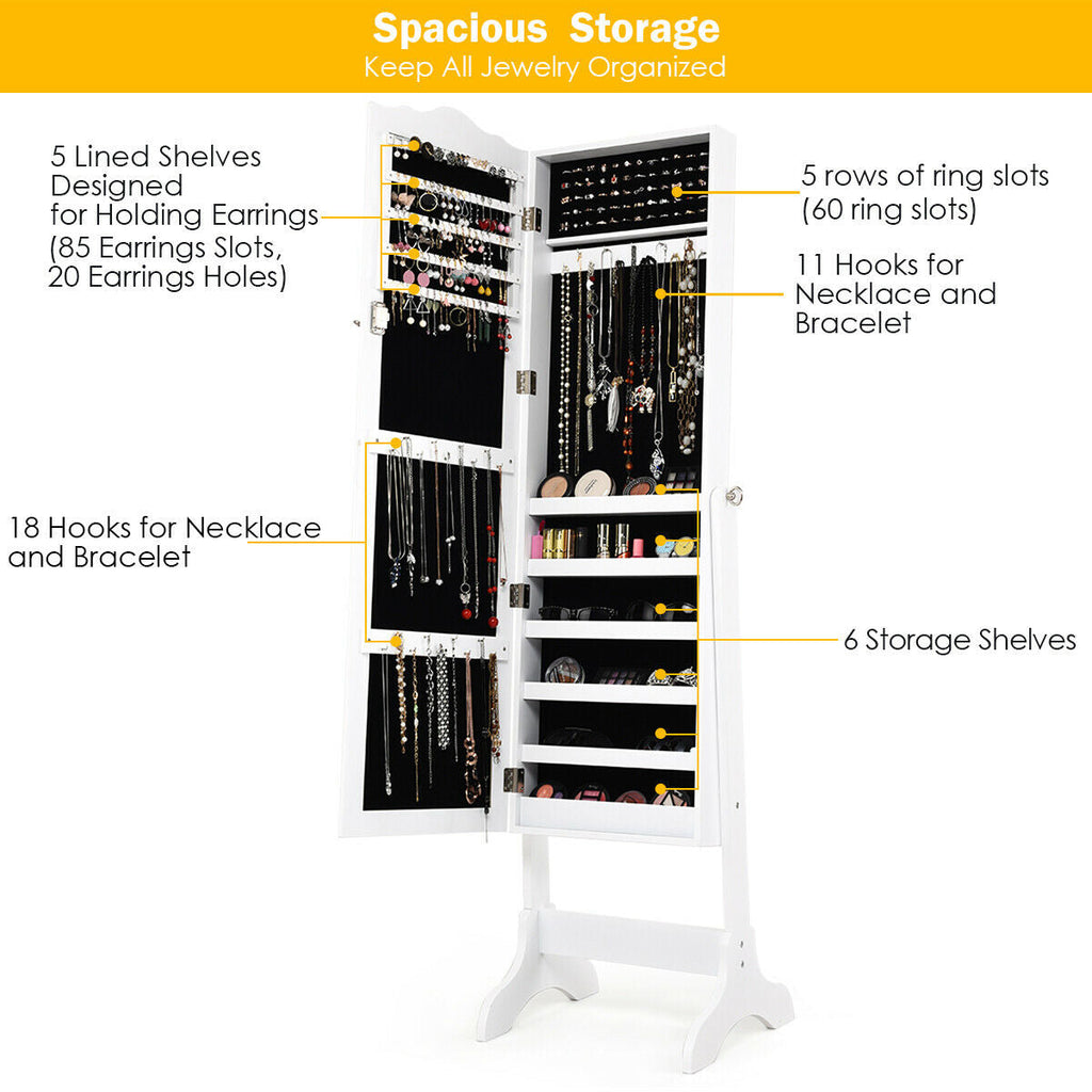 4-Angle Tilting Mirrored Lockable Jewelry Cabinet with Large Storage Capacity-White