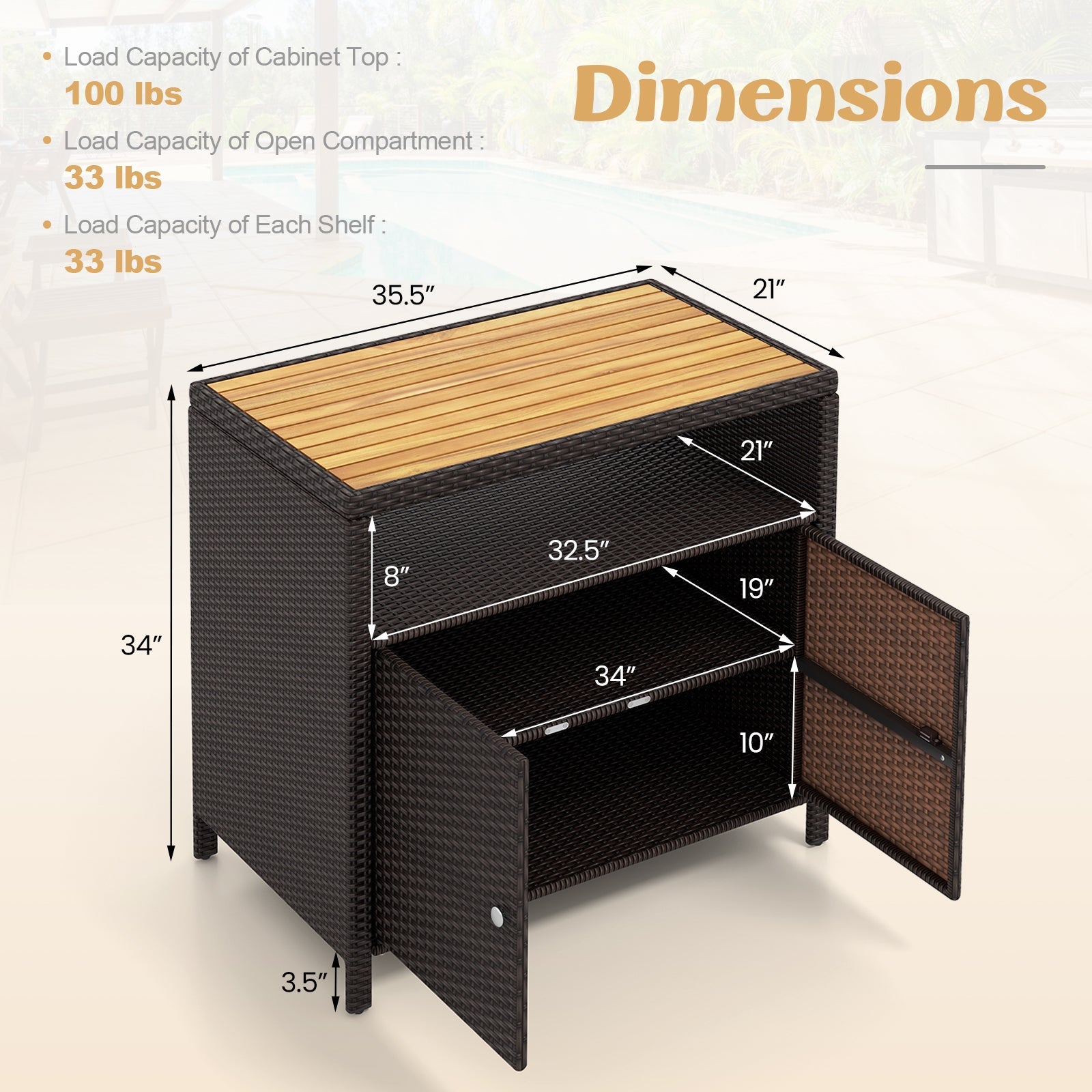 Rattan Storage Cabinet with Acacia Wood Countertop for Poolside Deck and Patio-Brown
