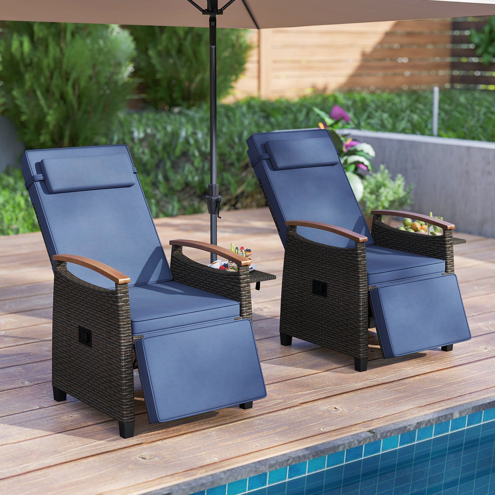 Patio Wicker Recliner Chair with Adjustable Backrest and Footrest-Navy