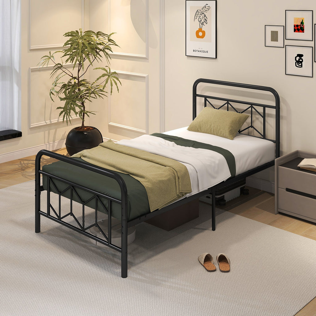 Platform Bed with High Headboard and Snap Lock Metal Slats-Twin Size