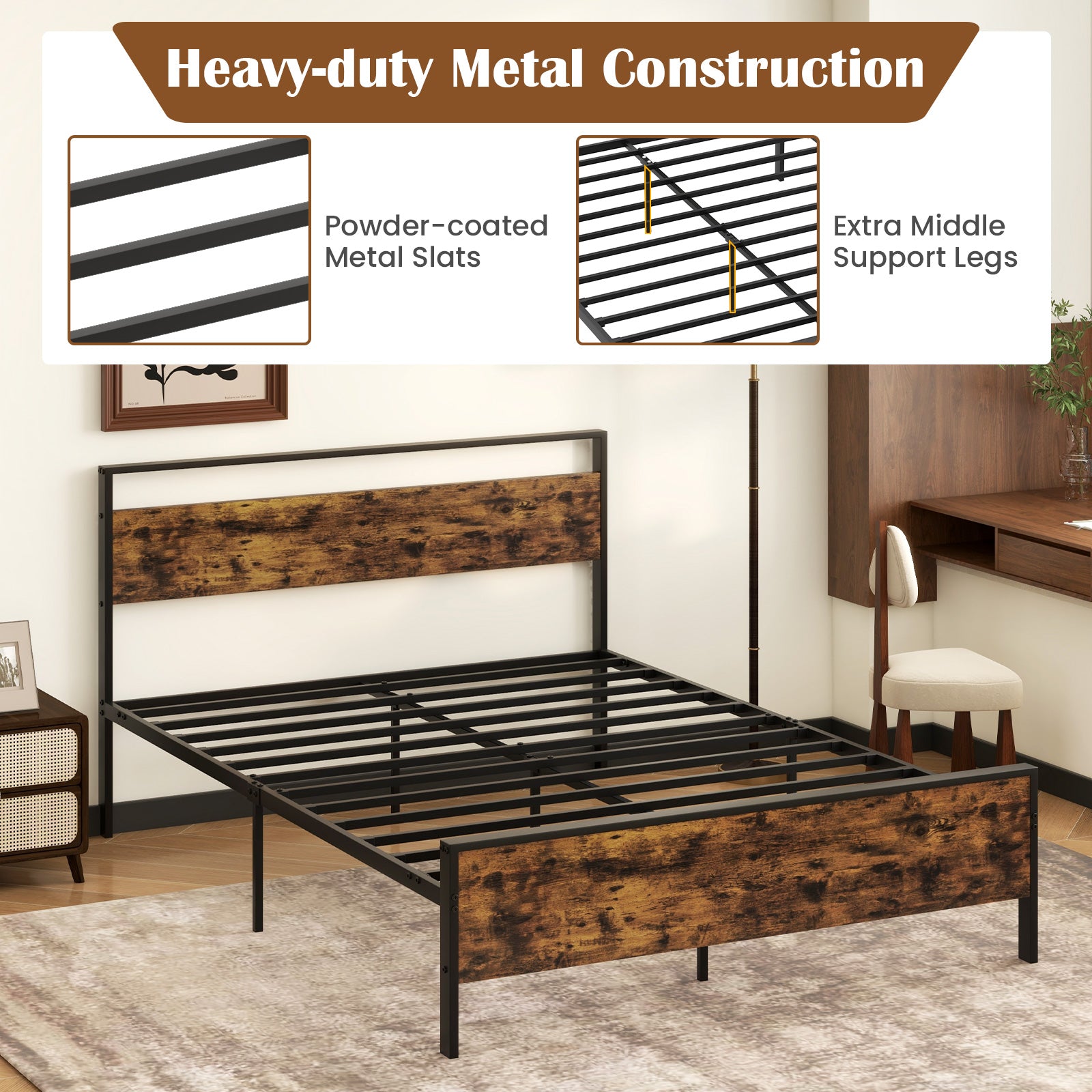 Queen Metal Bed Frame Industrial Platform Bed with Wooden Headboard-Queen Size
