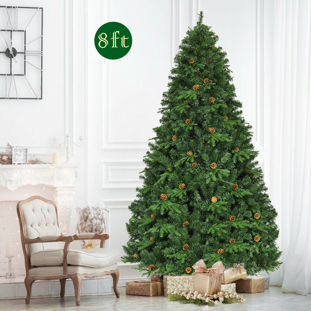 Flocked Artificial Christmas Tree with LED Lights and Pine Cones-8ft