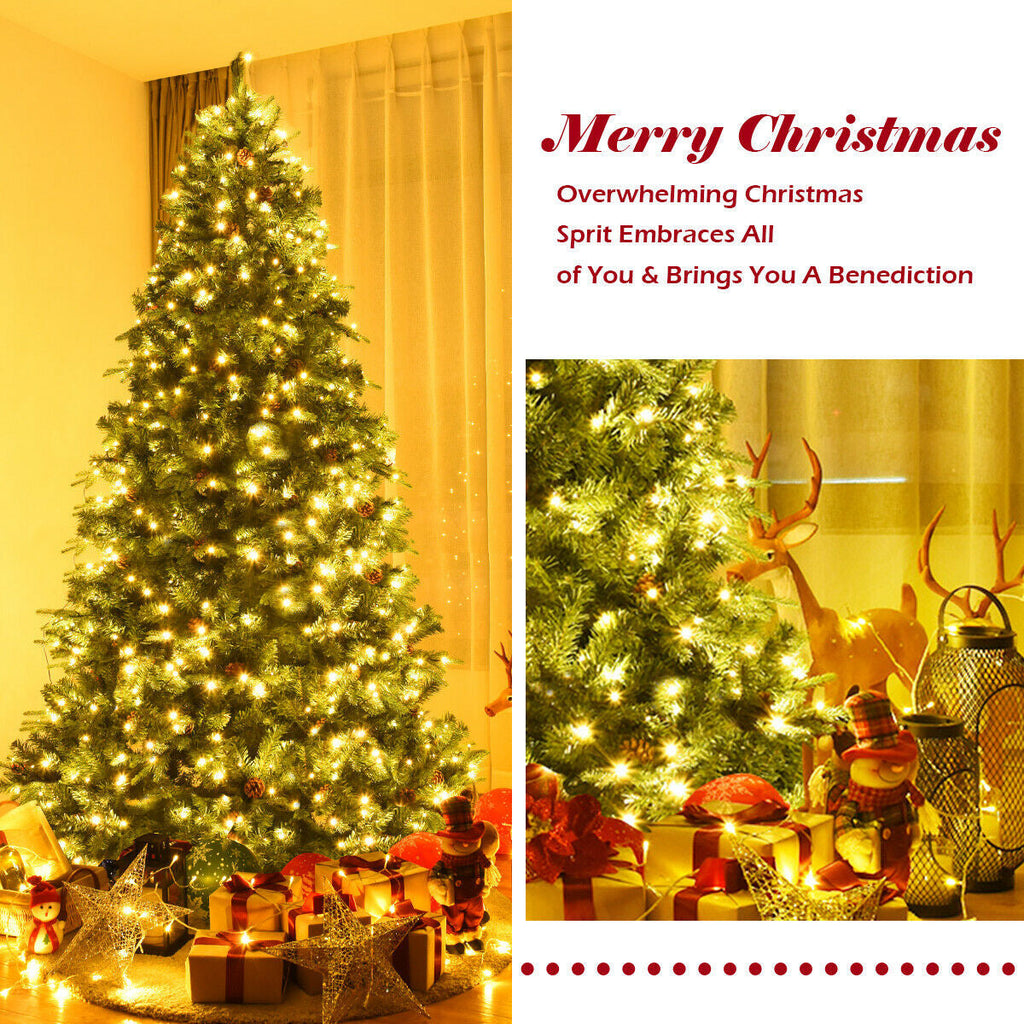 Flocked Artificial Christmas Tree with LED Lights and Pine Cones-8ft