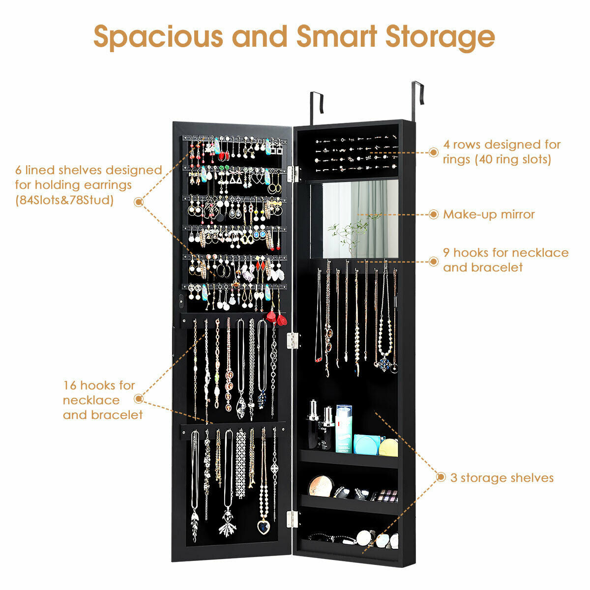 Full Length Mirror Jewelry Cabinet with Ring Slots and Necklace Hooks-Black