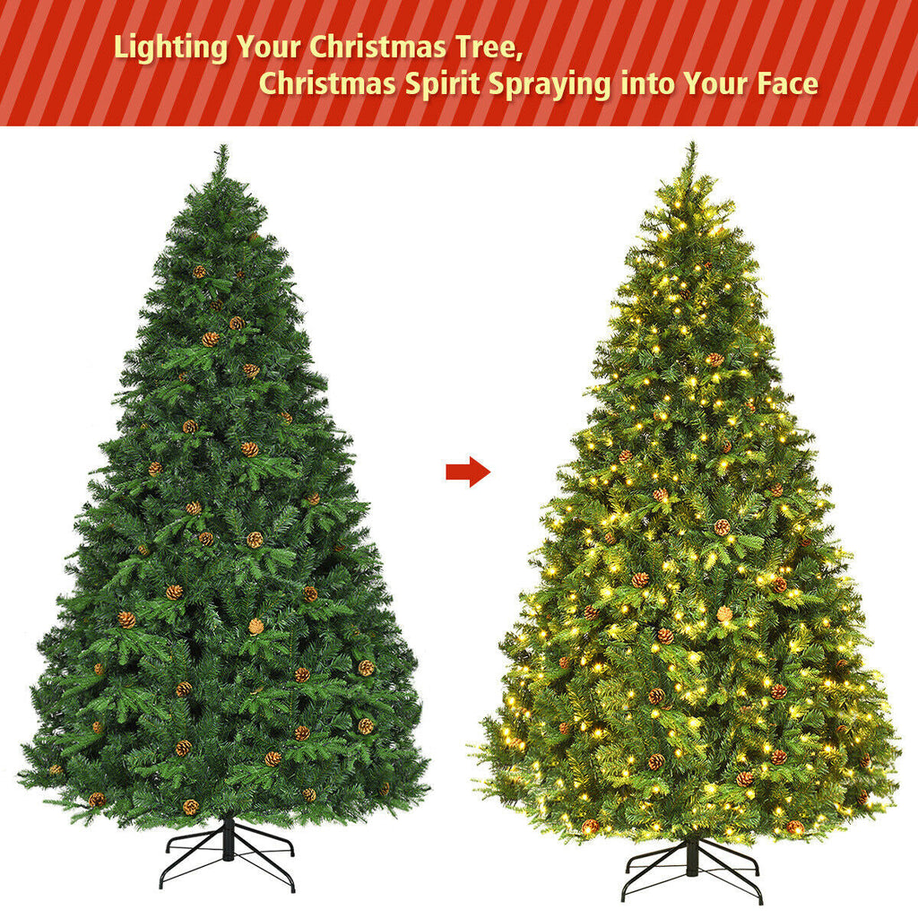 Flocked Artificial Christmas Tree with LED Lights and Pine Cones-8ft