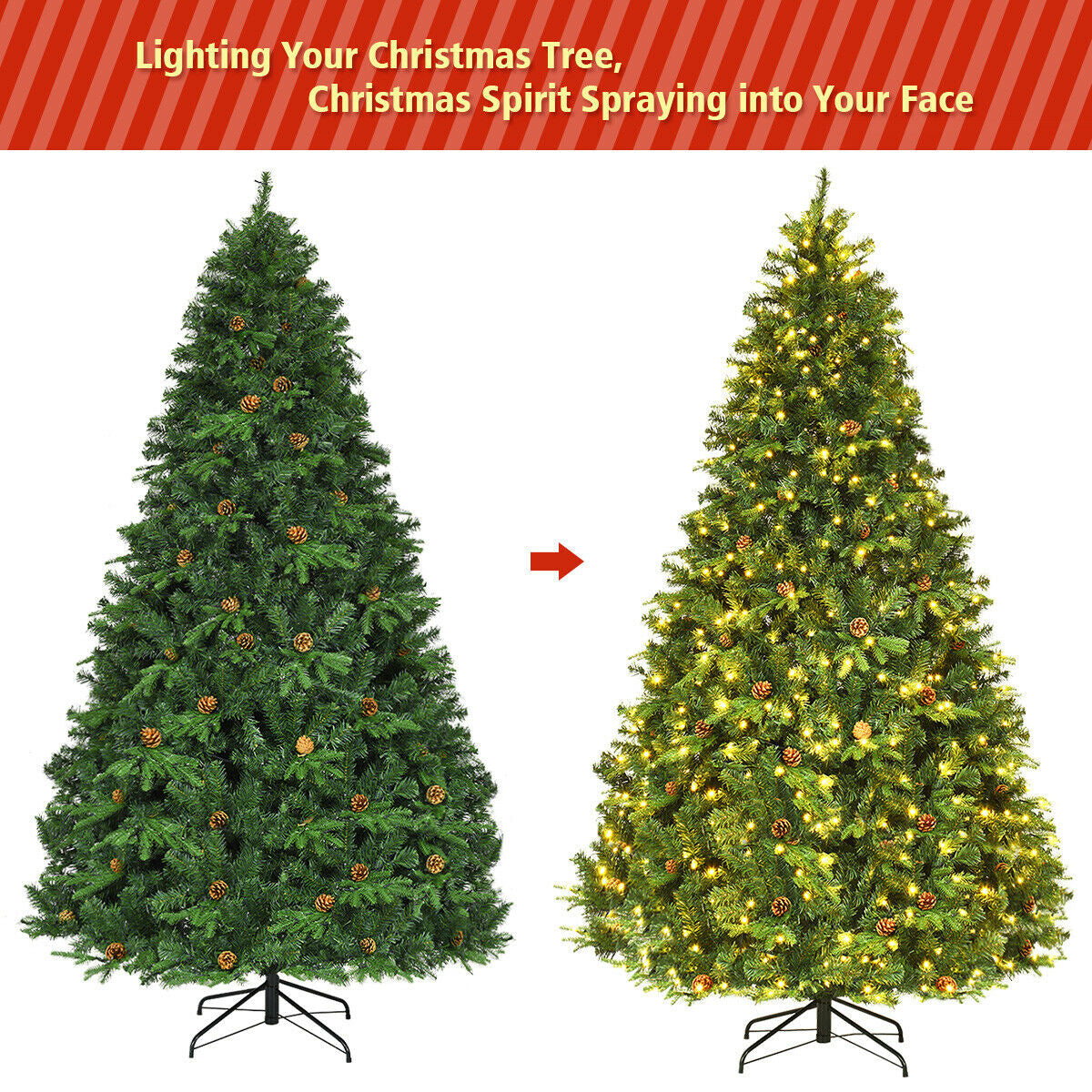 Flocked Artificial Christmas Tree with LED Lights and Pine Cones-8ft