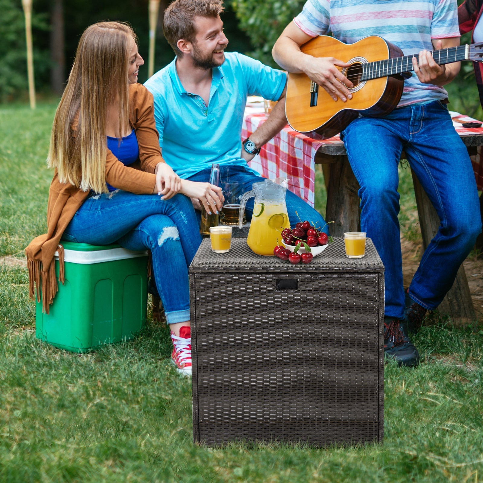 72 Gallon Rattan Outdoor Storage Box with Zippered Liner and Solid Pneumatic Rod