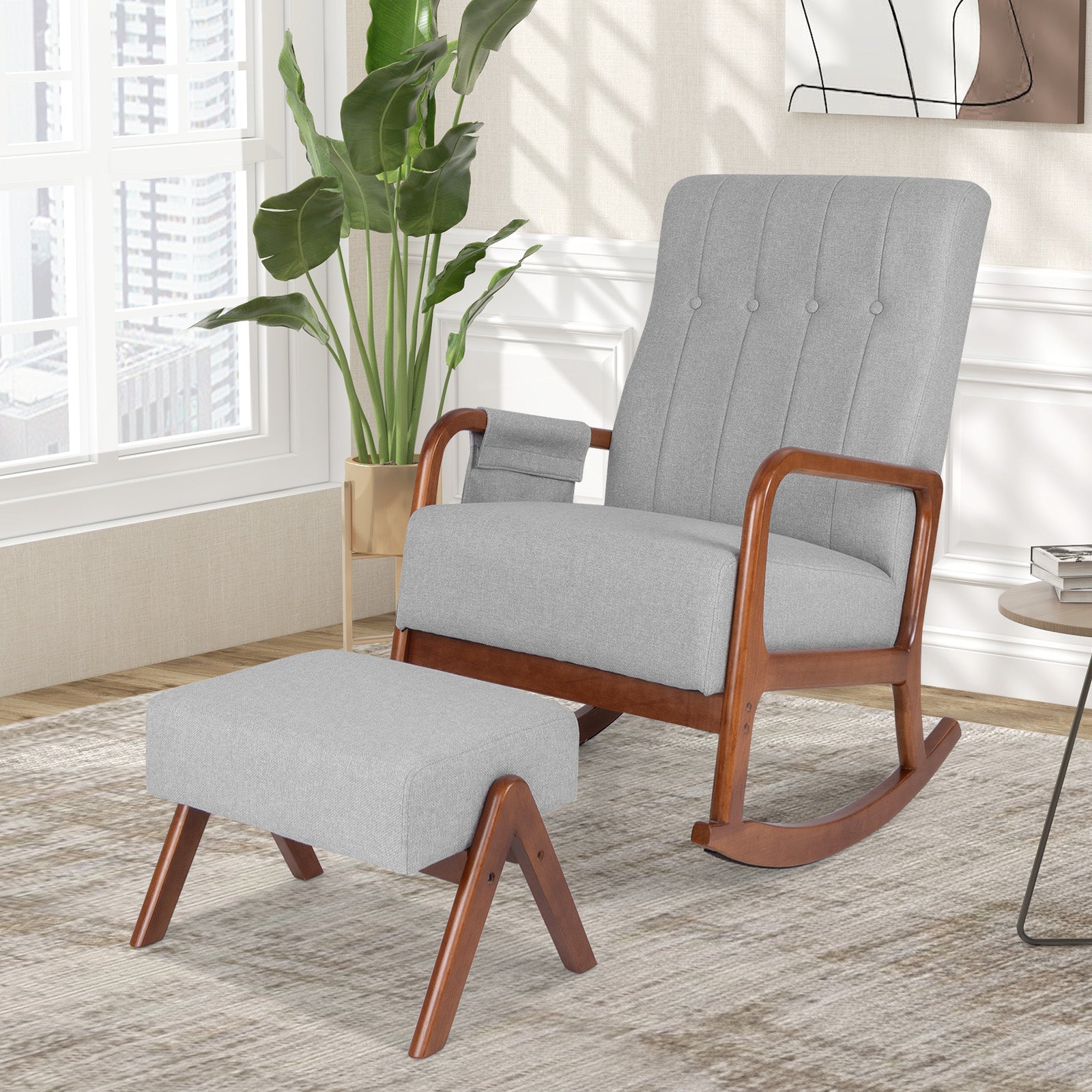 Rocking Chair with Ottoman Solid Rubber Wood Frame Padded Cushion-Gray