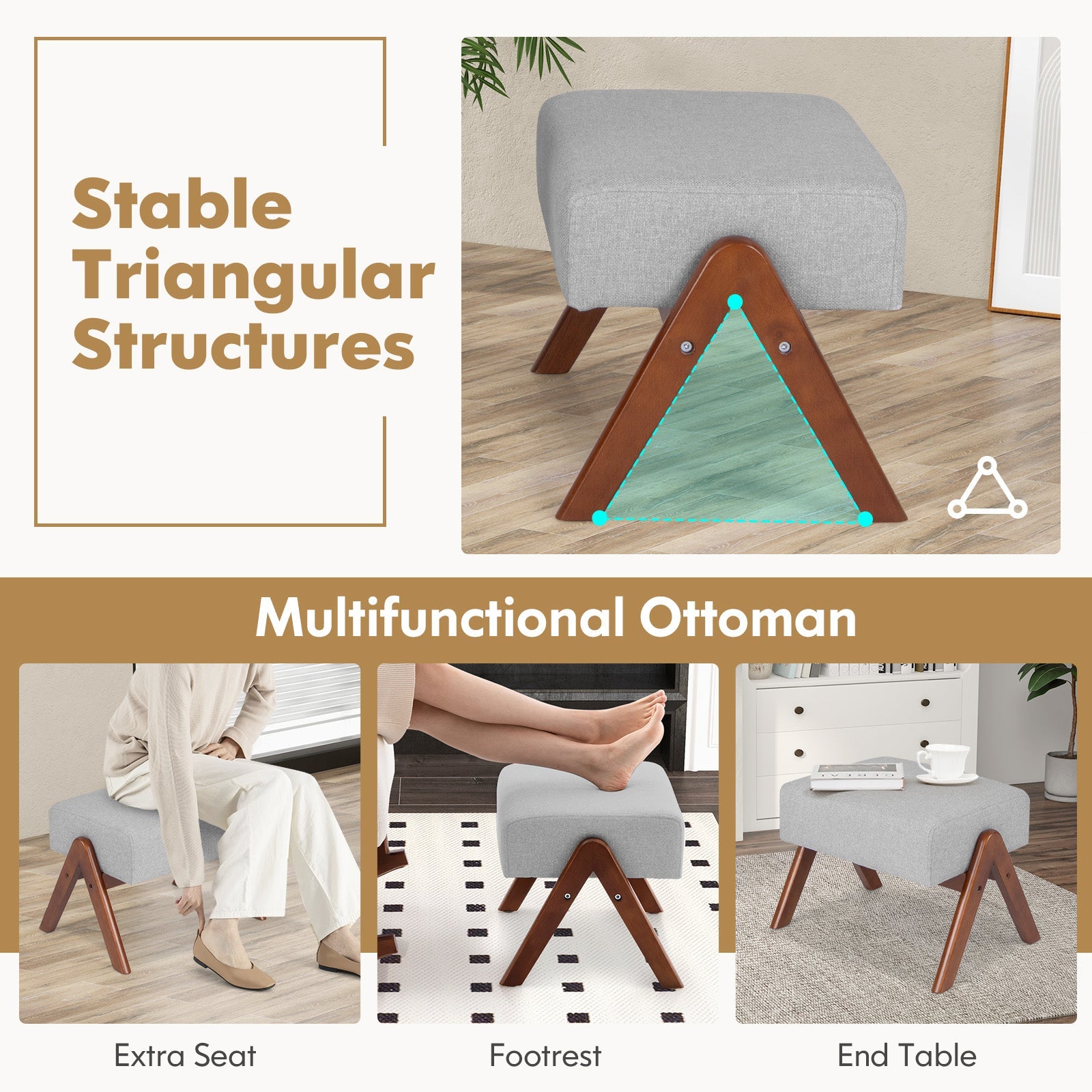Rocking Chair with Ottoman Solid Rubber Wood Frame Padded Cushion-Gray