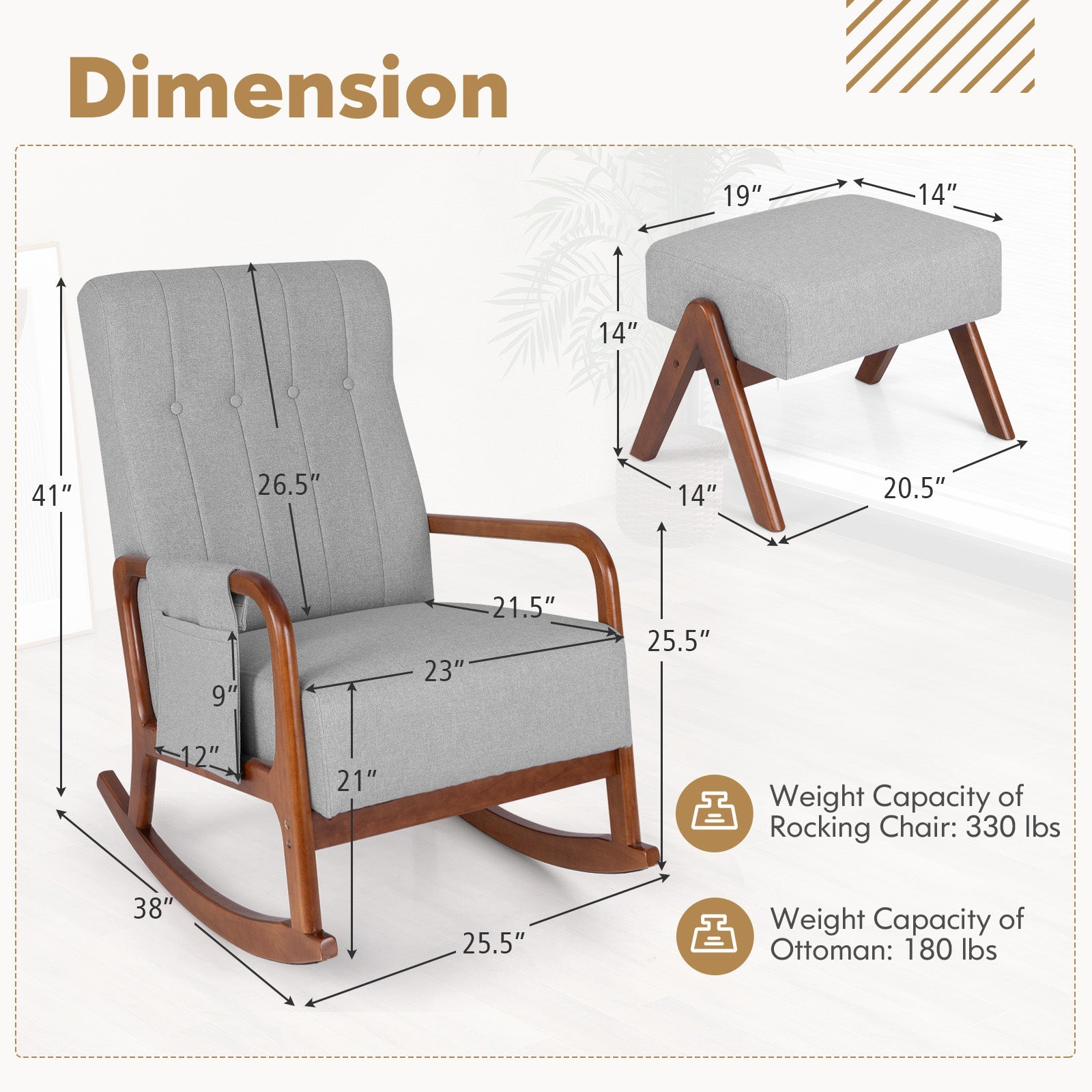 Rocking Chair with Ottoman Solid Rubber Wood Frame Padded Cushion-Gray