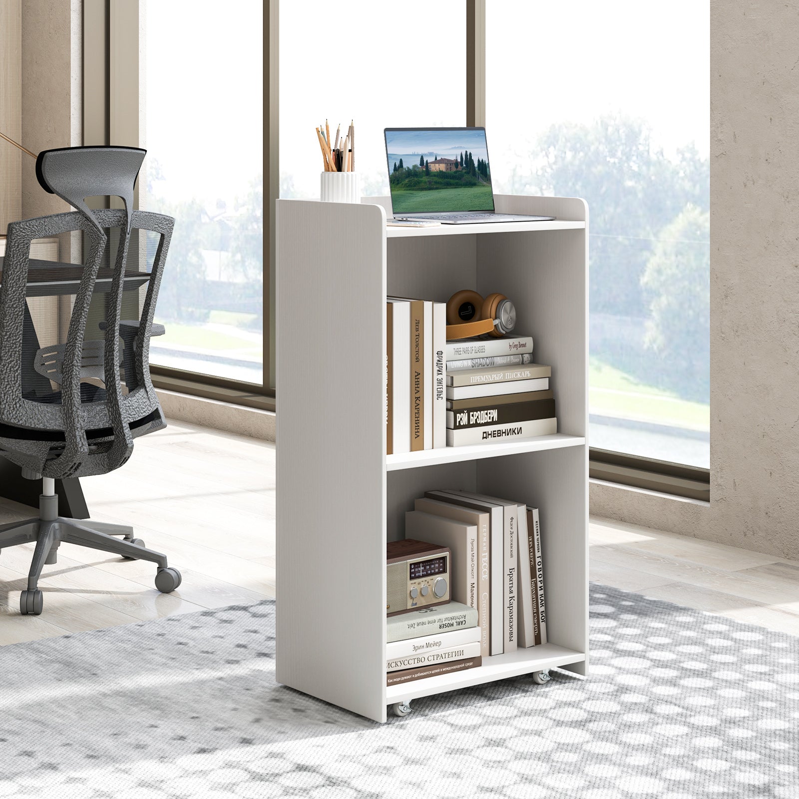 Rolling Podium Stand with 2 Shelves and Lockable Wheels-White