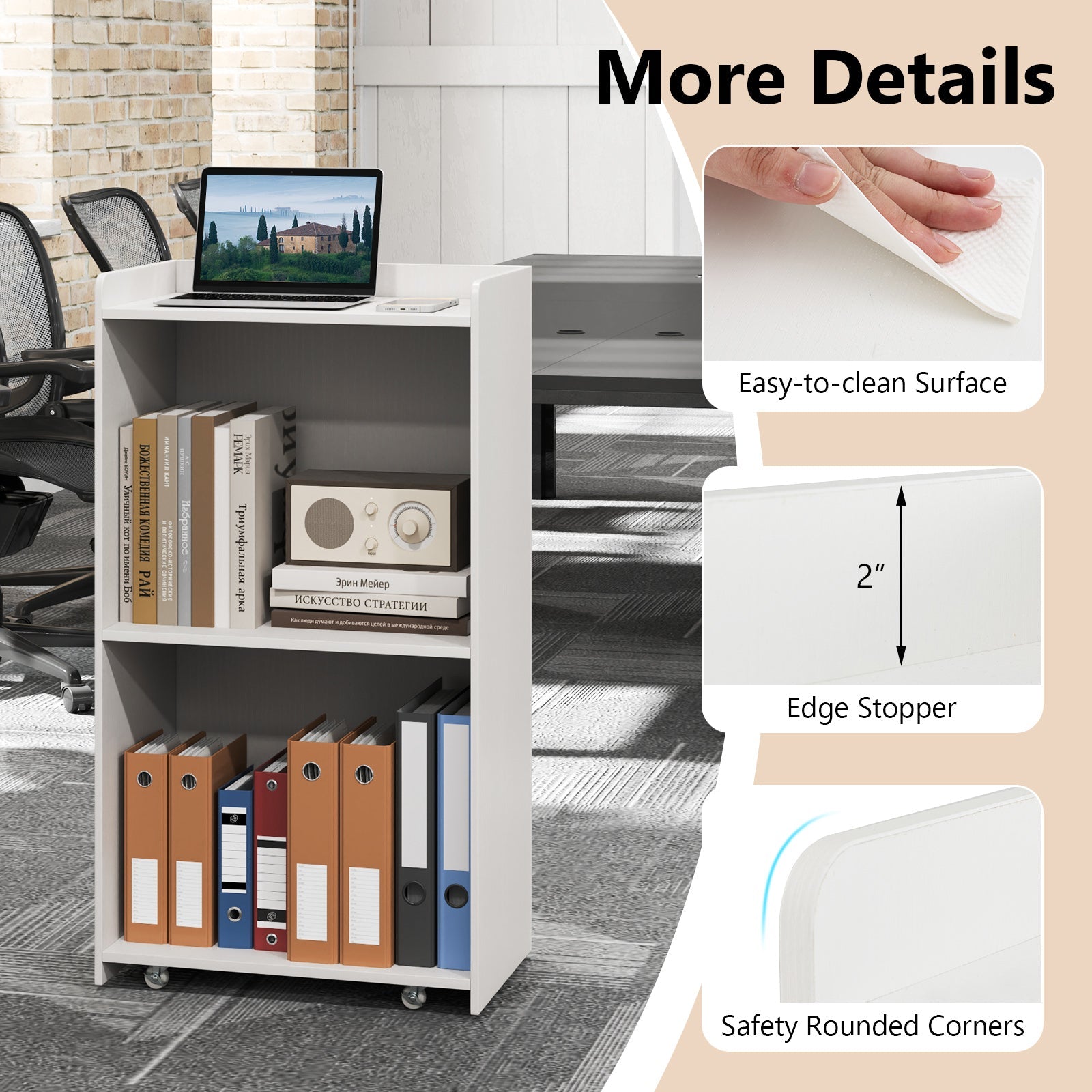 Rolling Podium Stand with 2 Shelves and Lockable Wheels-White
