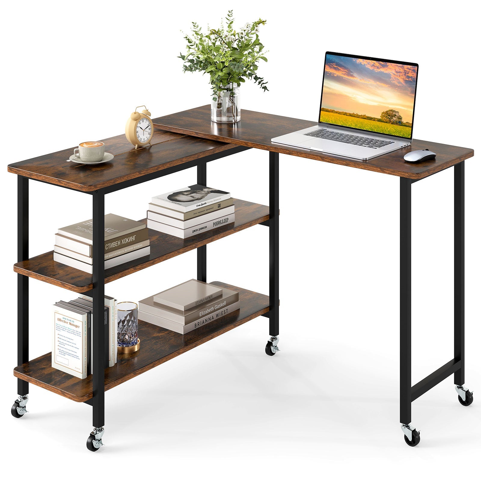 360° Rotating Sofa Side Table with Storage Shelves and Wheels-Rustic Brown