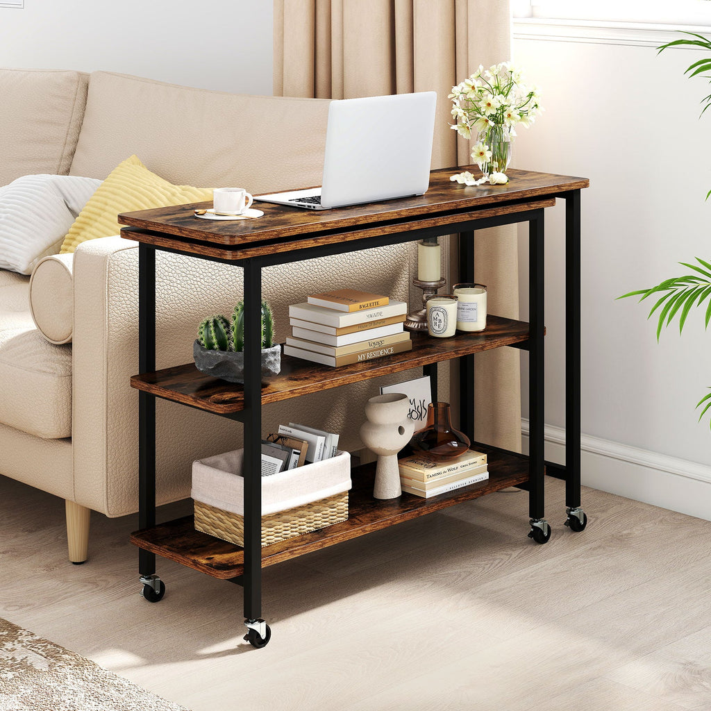 360° Rotating Sofa Side Table with Storage Shelves and Wheels-Rustic Brown
