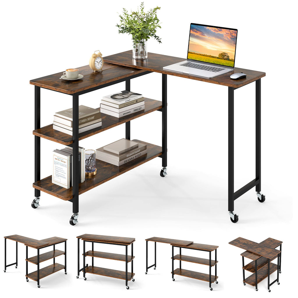 360° Rotating Sofa Side Table with Storage Shelves and Wheels-Rustic Brown