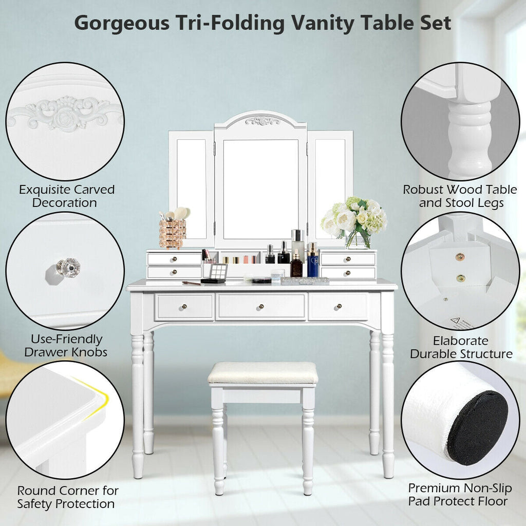Makeup Dressing Table with Tri-Folding Mirror and Cushioned Stool for Women-White