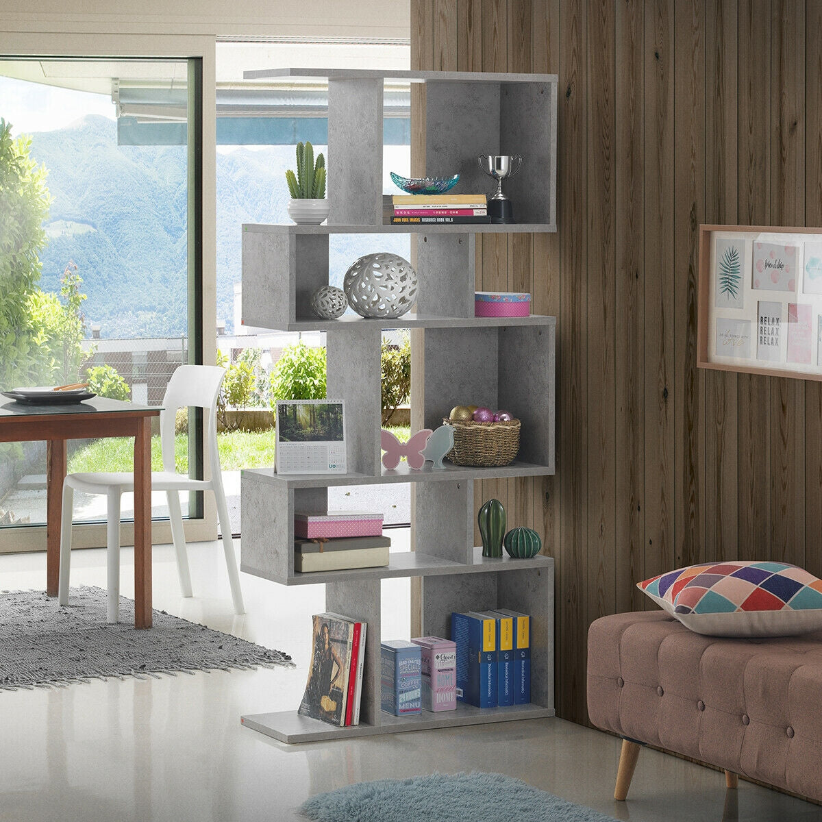 5 Cubes Ladder Shelf Corner Bookshelf Display Rack Bookcase-Gray
