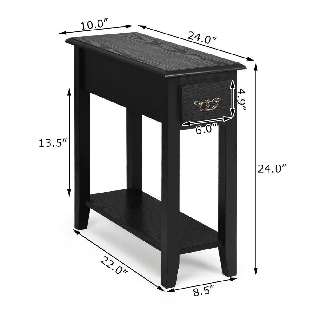 2 Pieces 2 Tier Sofa Side End Table with Drawer and Open Shelf-Black