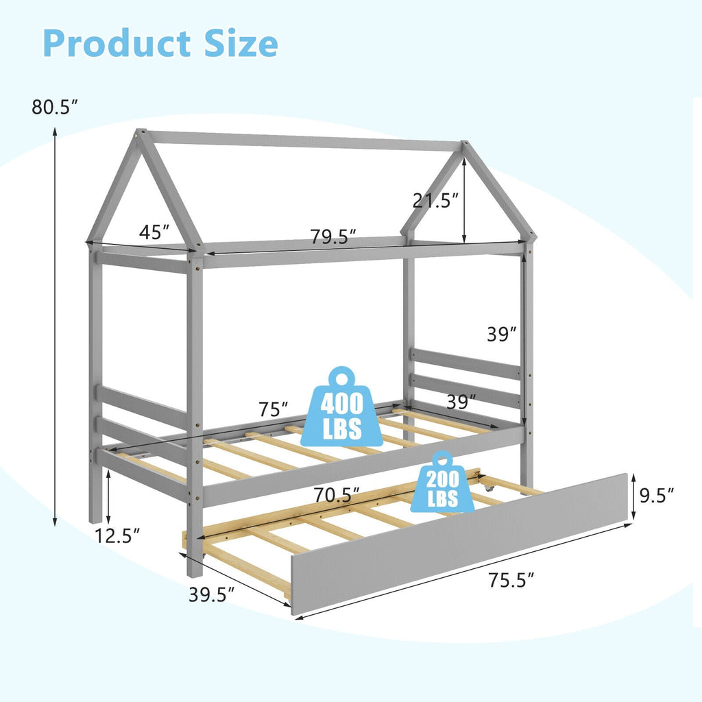 Kids Platform Bed Frame with Roof for Bedroom-Gray