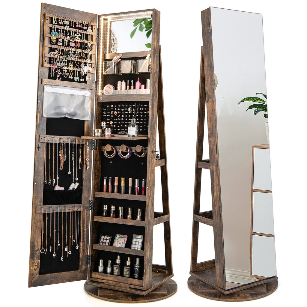 360° Rotating Mirrored Jewelry Cabinet Armoire 3 Color LED Modes Lockable-Brown