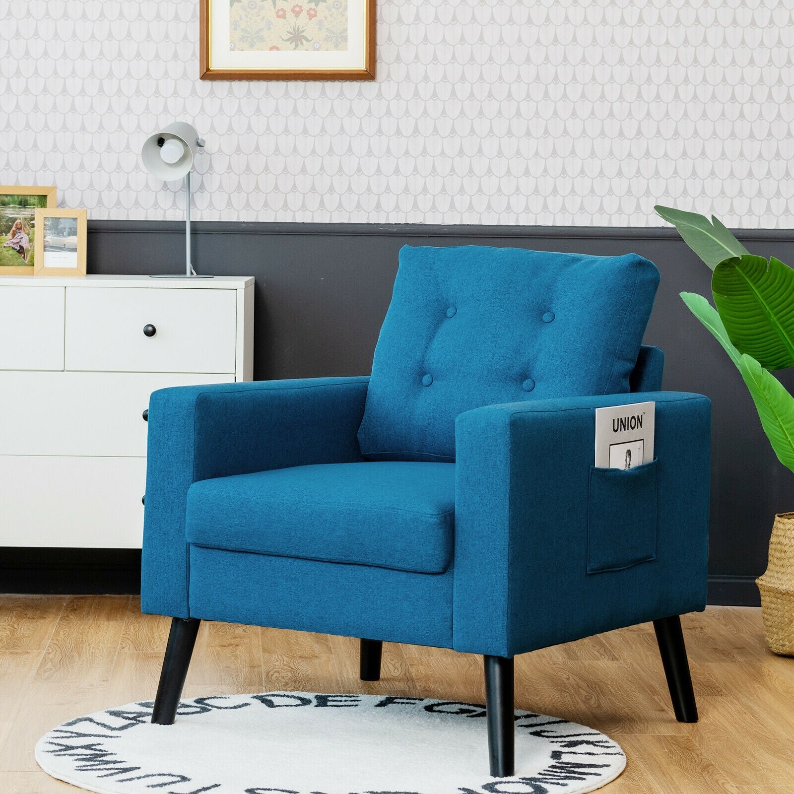 Mid-Century Upholstered Armchair Club Chair with Rubber Wood Legs-Blue