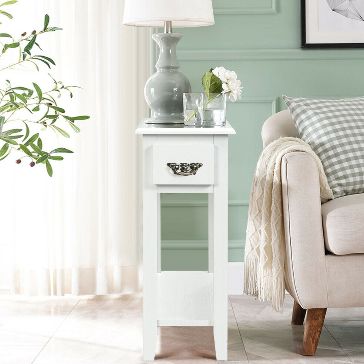 2 Pieces 2 Tier Sofa Side End Table with Drawer and Open Shelf-White