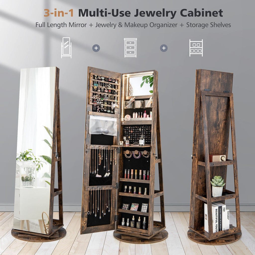360° Rotating Mirrored Jewelry Cabinet Armoire 3 Color LED Modes Lockable-Brown