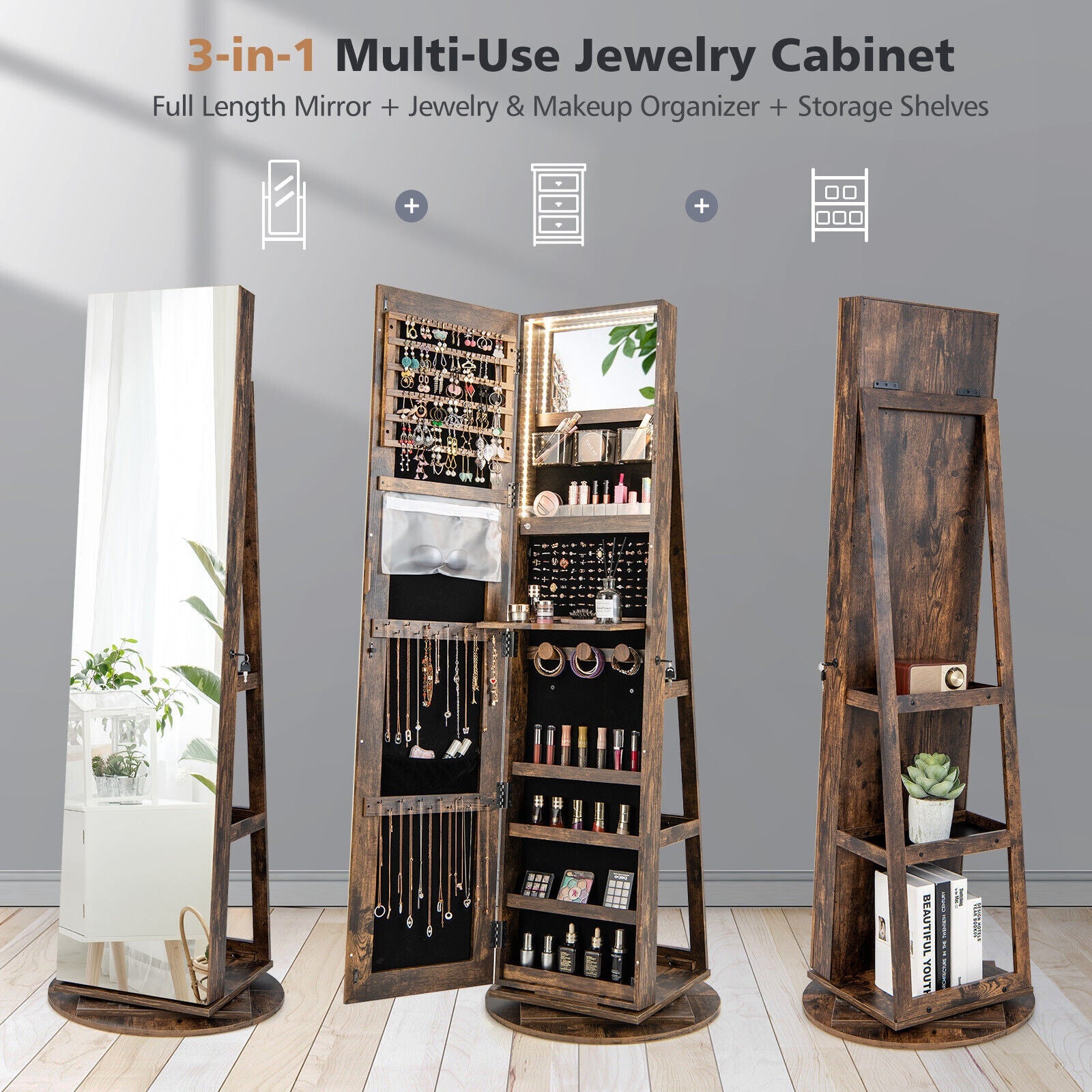 360° Rotating Mirrored Jewelry Cabinet Armoire 3 Color LED Modes Lockable-Brown
