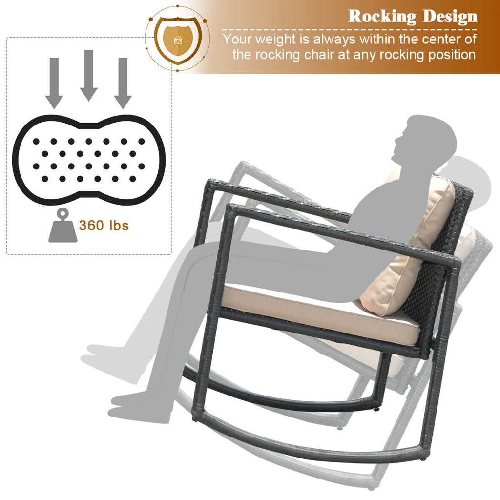 3 Pcs Wicker Rocking Bistro Set with Glass Coffee Table and Storage Shelf-Beige