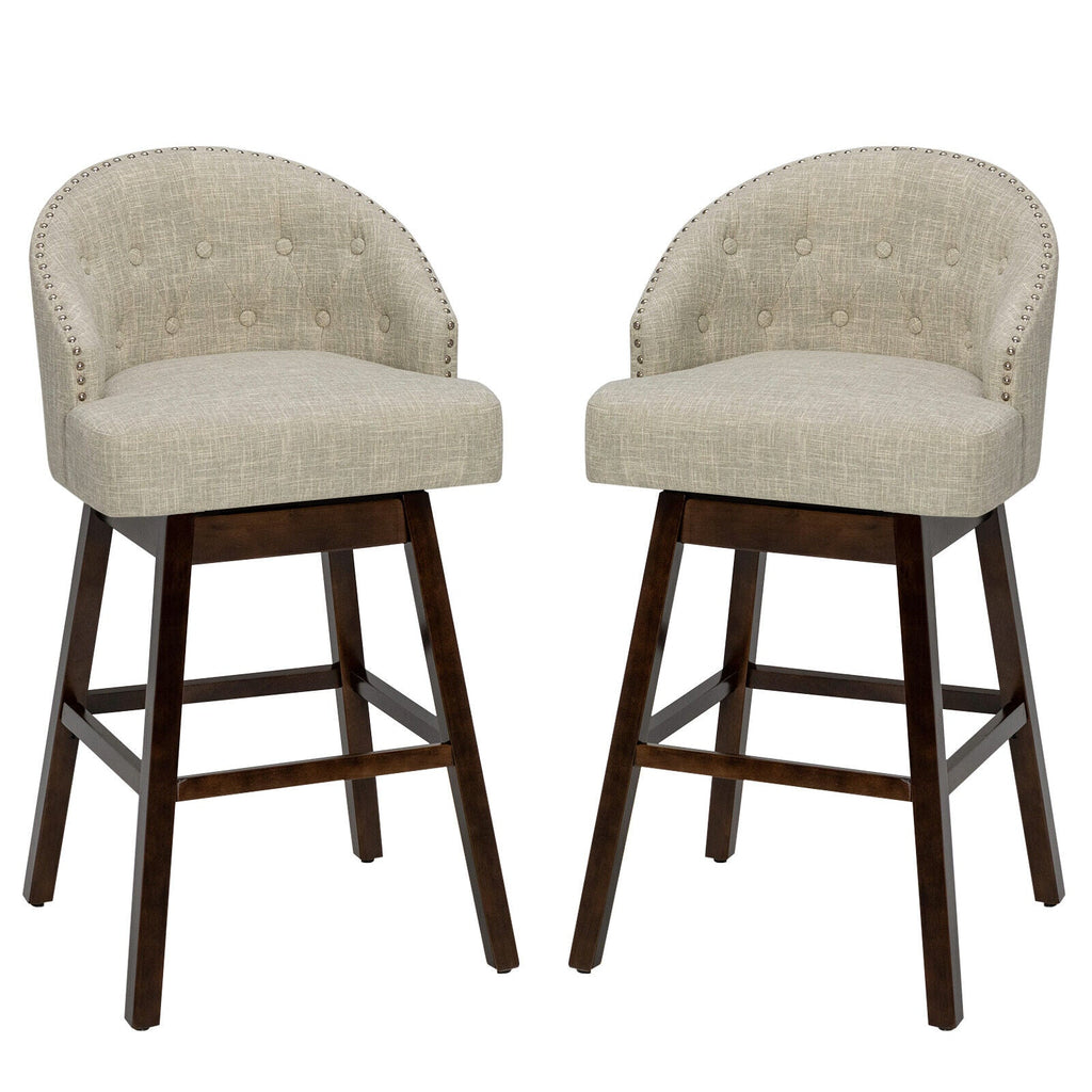 Set of 2 Swivel Bar Stools with Rubber Wood Legs and Padded Back-Beige