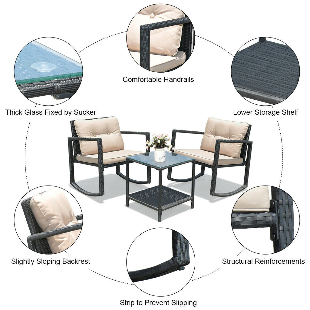 3 Pcs Wicker Rocking Bistro Set with Glass Coffee Table and Storage Shelf-Beige