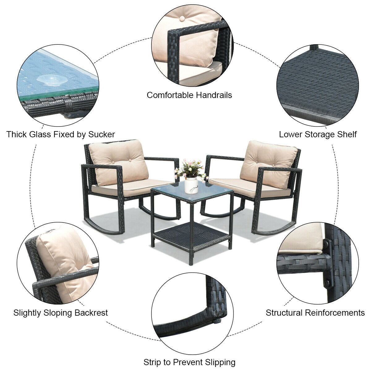 3 Pcs Wicker Rocking Bistro Set with Glass Coffee Table and Storage Shelf-Beige