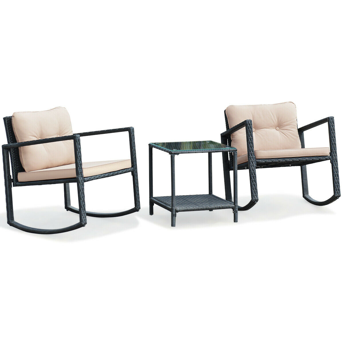 3 Pcs Wicker Rocking Bistro Set with Glass Coffee Table and Storage Shelf-Beige