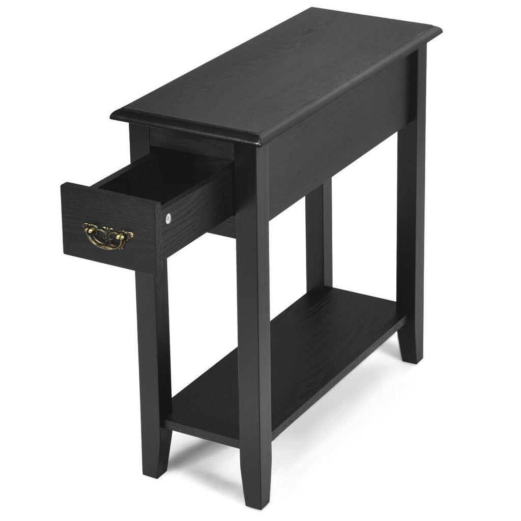 2 Pieces 2 Tier Sofa Side End Table with Drawer and Open Shelf-Black