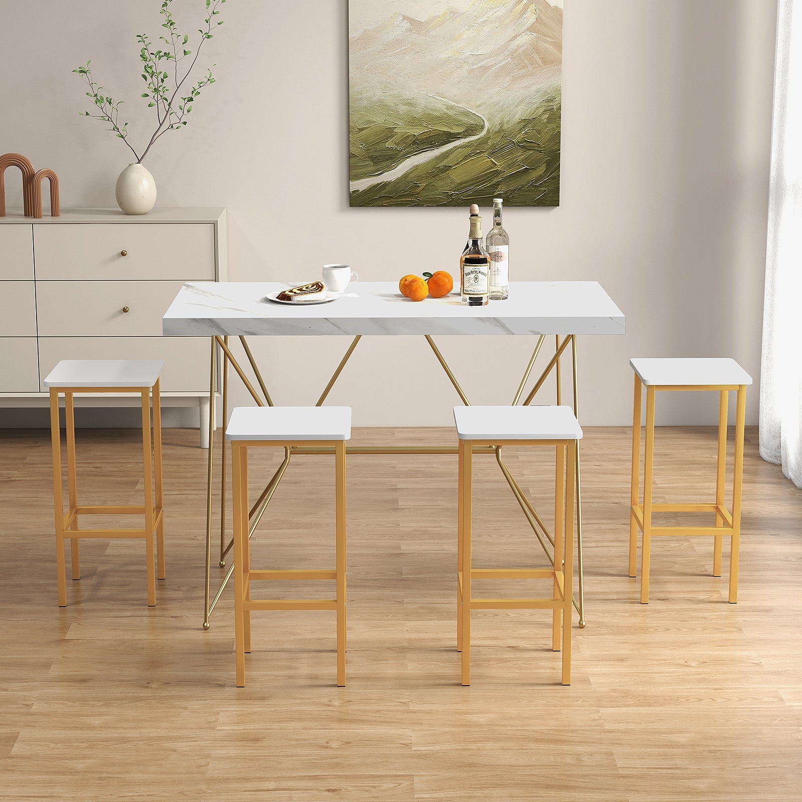 Set of 4 Bar Stool Set 26 Inch Bar Chair with Metal Legs and Footrest-White