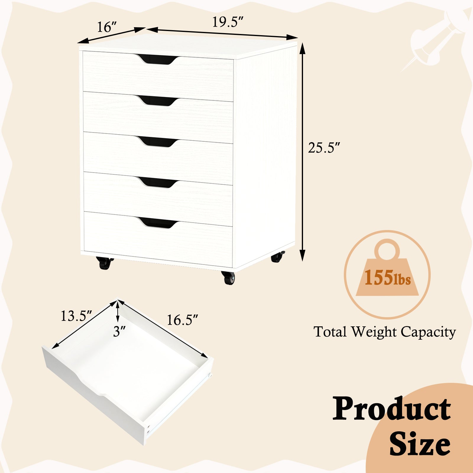 5 Drawer Mobile File Cabinet with Wheels for Living Room-White