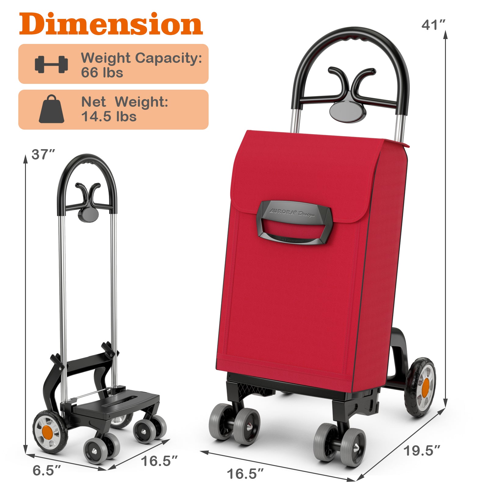 Folding Shopping Cart Utility Hand Truck with Rolling Swivel Wheels-Red