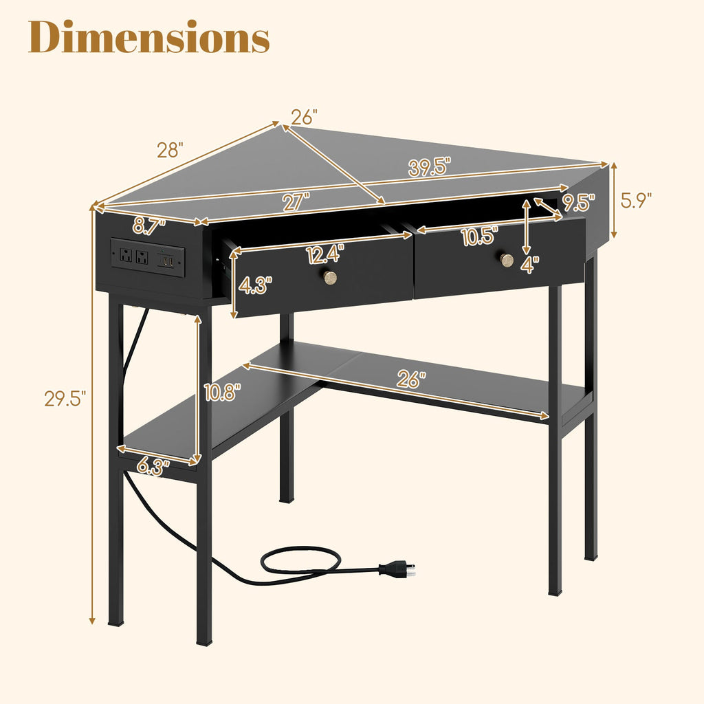 Triangle Corner Desk with Charging Station with 2 Drawers and Storage Shelf-Black